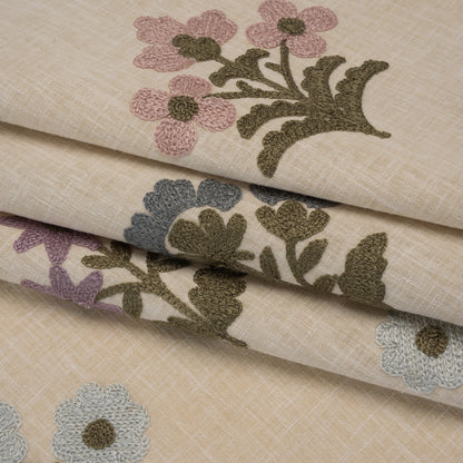 Polyester and Cotton Slubbed Drapery Woven with Viscose Embroidery - Iris Simple Flowers - British Imported