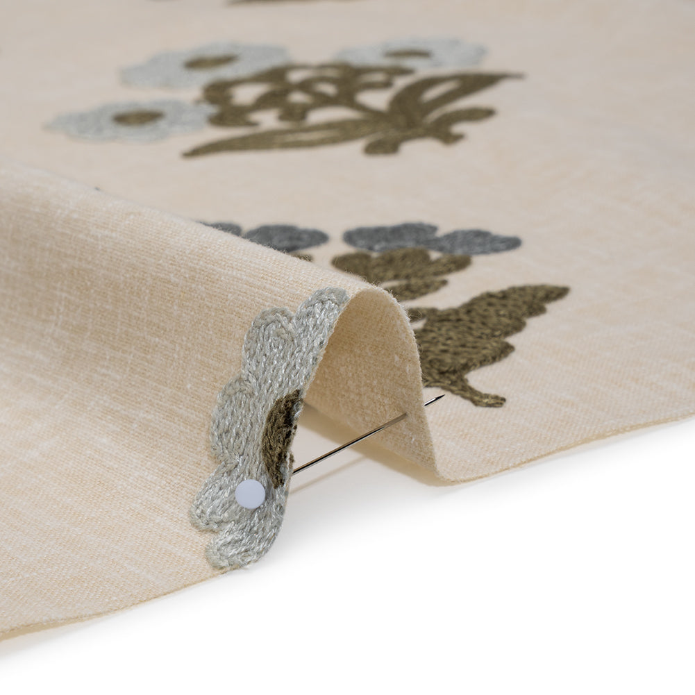 Polyester and Cotton Slubbed Drapery Woven with Viscose Embroidery - Iris Simple Flowers - British Imported