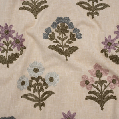 Polyester and Cotton Slubbed Drapery Woven with Viscose Embroidery - Iris Simple Flowers - British Imported