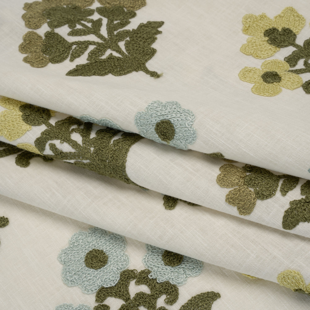 Polyester and Cotton Slubbed Drapery Woven with Viscose Embroidery - Lagoon Simple Flowers - British Imported - Folded
