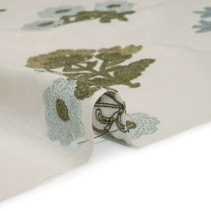 Polyester and Cotton Slubbed Drapery Woven with Viscose Embroidery - Lagoon Simple Flowers - British Imported