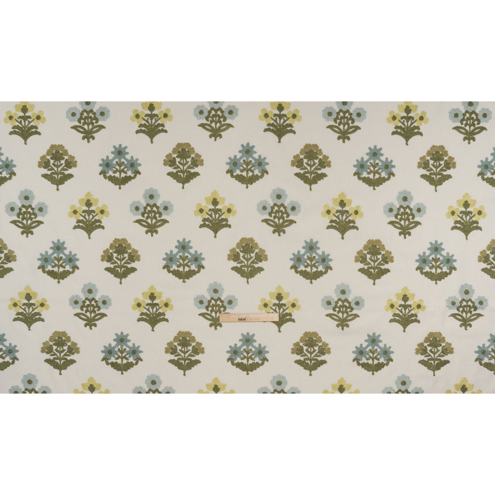 Polyester and Cotton Slubbed Drapery Woven with Viscose Embroidery - Lagoon Simple Flowers - British Imported - Full
