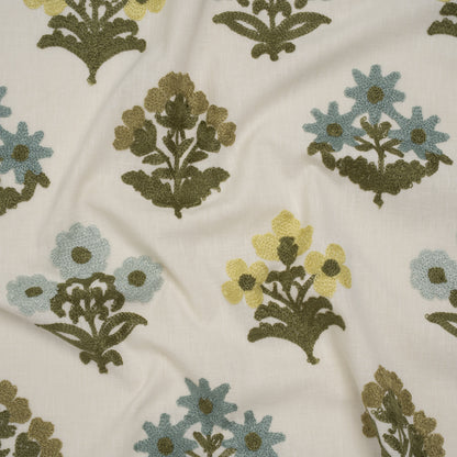 Polyester and Cotton Slubbed Drapery Woven with Viscose Embroidery - Lagoon Simple Flowers - British Imported