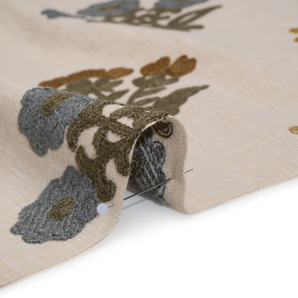 Polyester and Cotton Slubbed Drapery Woven with Viscose Embroidery - Maize Simple Flowers - British Imported
