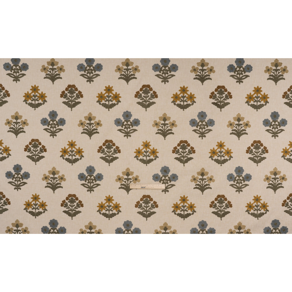 Polyester and Cotton Slubbed Drapery Woven with Viscose Embroidery - Maize Simple Flowers - British Imported