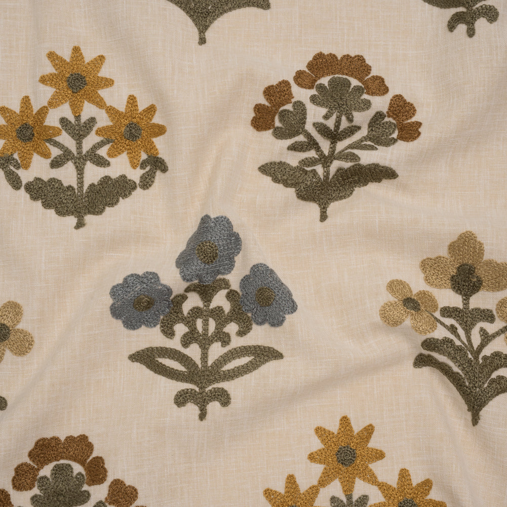 Polyester and Cotton Slubbed Drapery Woven with Viscose Embroidery - Maize Simple Flowers - British Imported