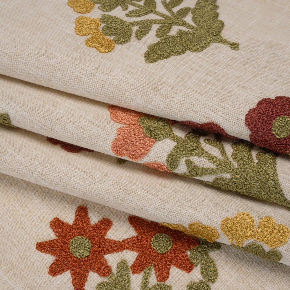 Polyester and Cotton Slubbed Drapery Woven with Viscose Embroidery - Terracotta Simple Flowers - British Imported