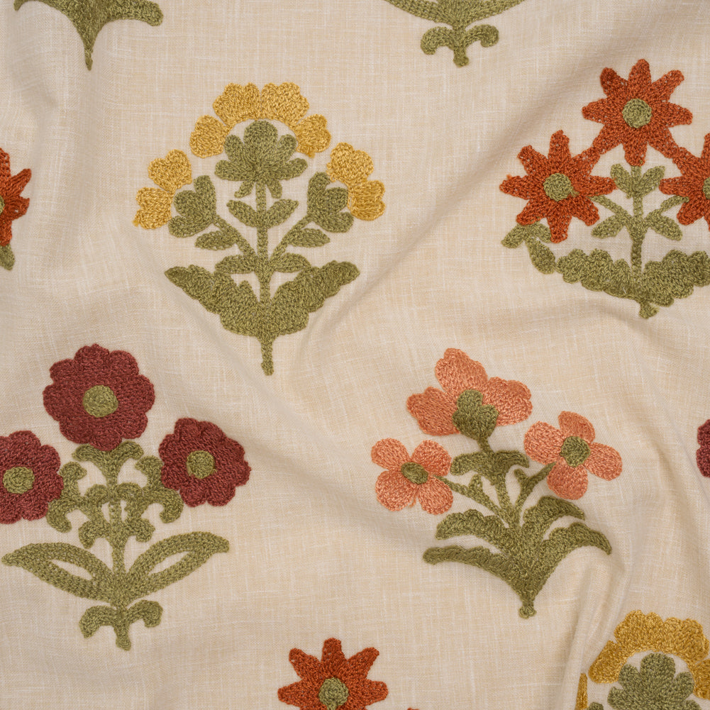 Polyester and Cotton Slubbed Drapery Woven with Viscose Embroidery - Terracotta Simple Flowers - British Imported