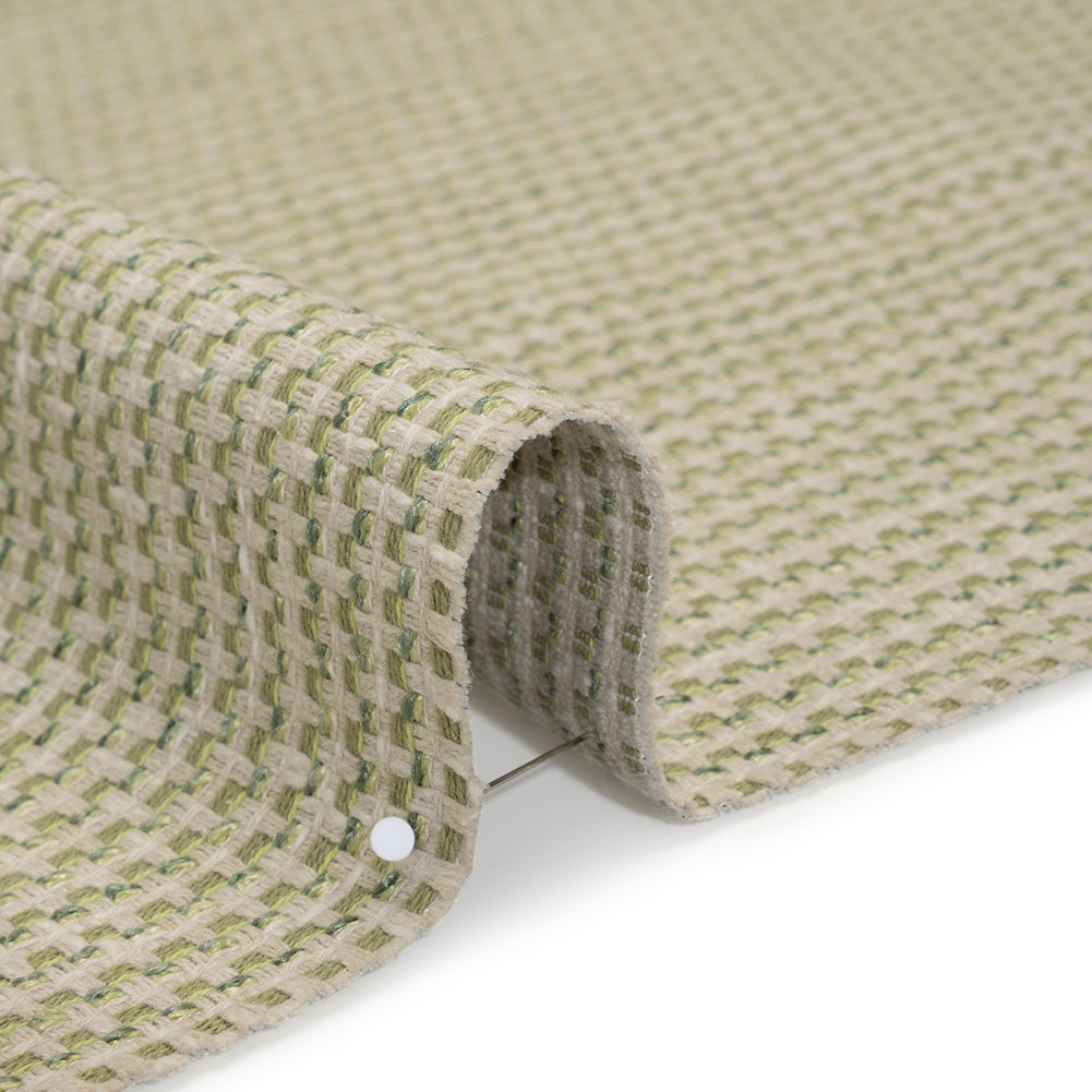 Recycled Polyester and Cotton Basketweave Dobby - Moss Little Squares - British Imported