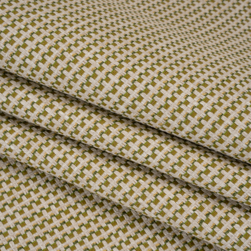 Recycled Polyester and Cotton Basketweave Dobby - Olive Little Squares - British Imported