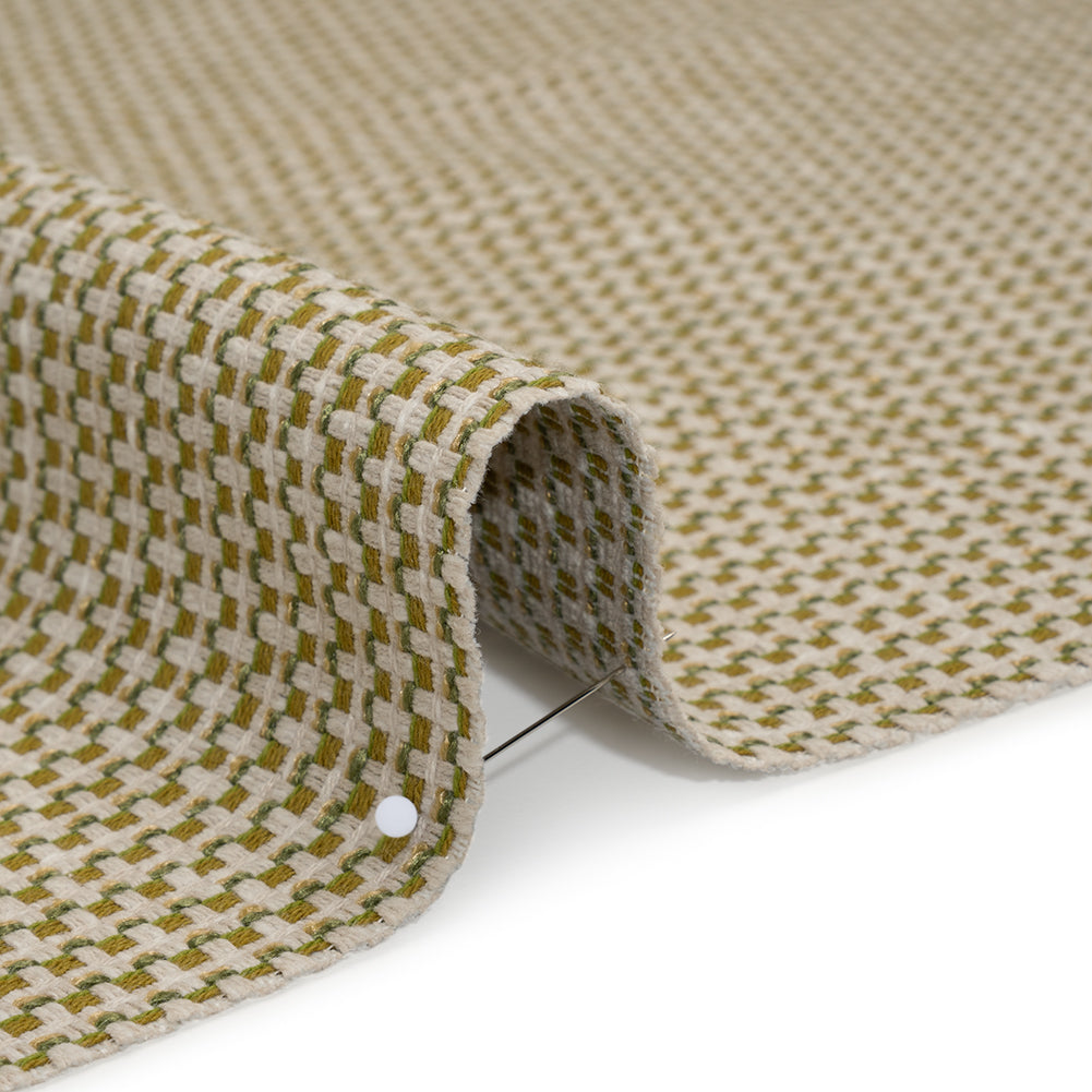 Recycled Polyester and Cotton Basketweave Dobby - Olive Little Squares - British Imported
