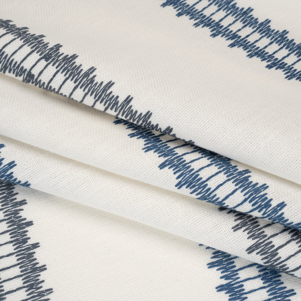 Embroidered Recycled Polyester and Cotton Woven - Navy Zig Zag Ladder Stripes - British Imported