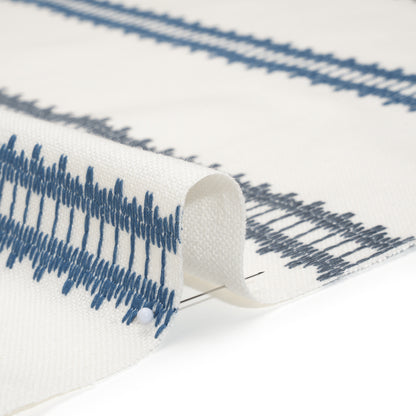 Embroidered Recycled Polyester and Cotton Woven - Navy Zig Zag Ladder Stripes - British Imported