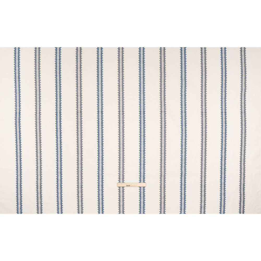 Embroidered Recycled Polyester and Cotton Woven - Navy Zig Zag Ladder Stripes - British Imported