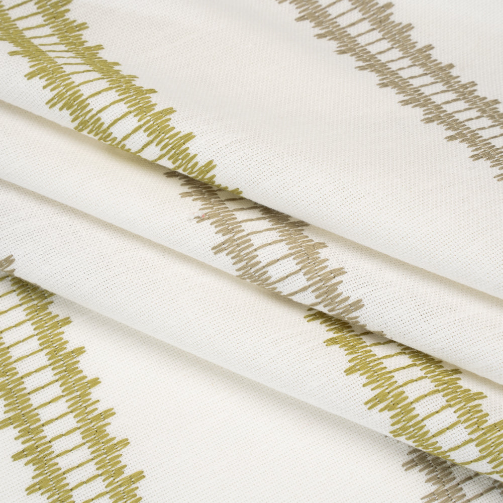 Embroidered Recycled Polyester and Cotton Woven - Olive Zig Zag Ladder Stripes - British Imported