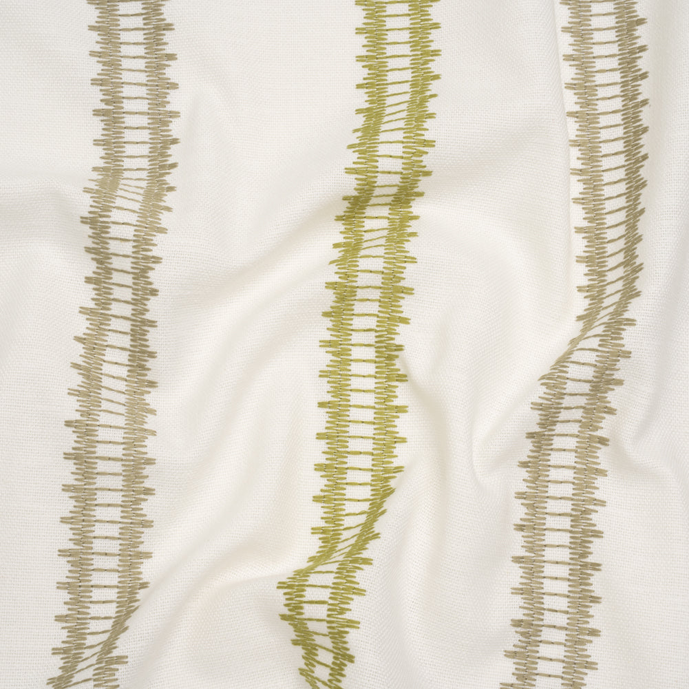 Embroidered Recycled Polyester and Cotton Woven - Olive Zig Zag Ladder Stripes - British Imported
