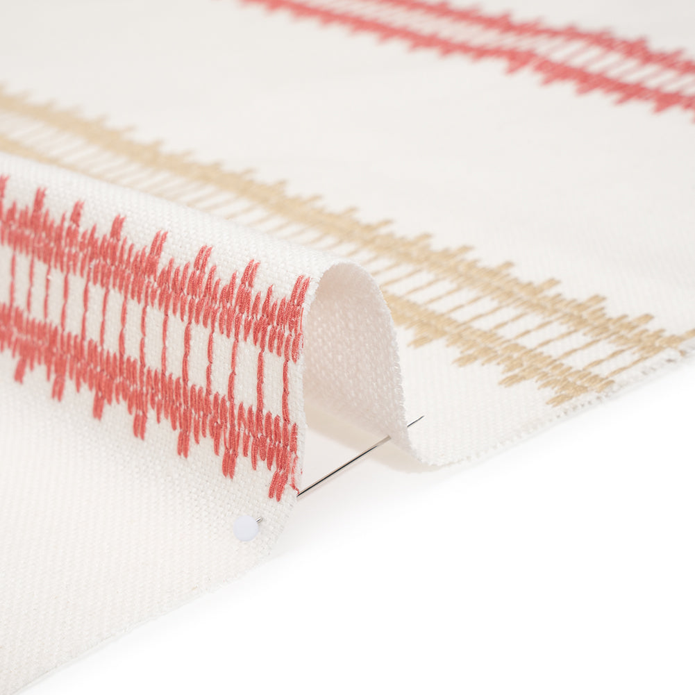 Embroidered Recycled Polyester and Cotton Woven - Raspberry Zig Zag Ladder Stripes - British Imported