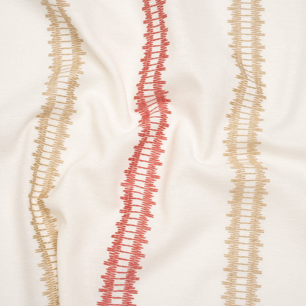 Embroidered Recycled Polyester and Cotton Woven - Raspberry Zig Zag Ladder Stripes - British Imported
