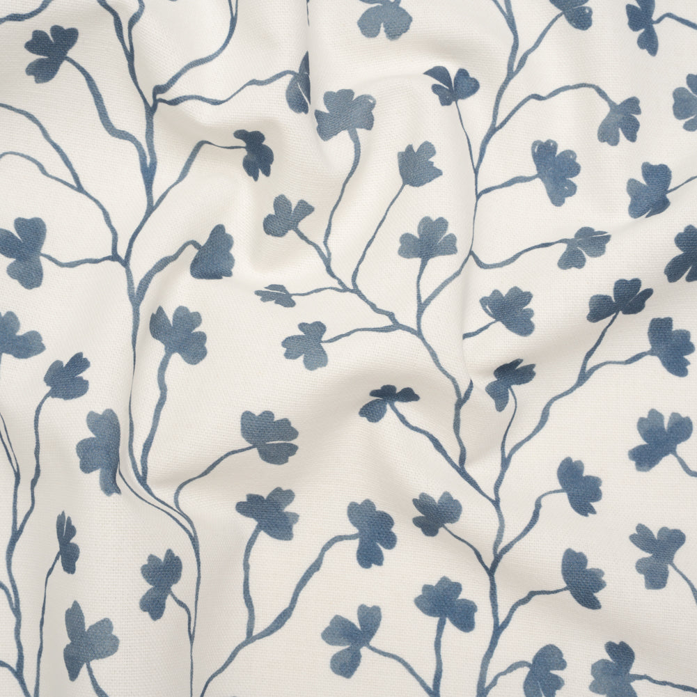 Brushed Cotton and Linen Canvas - Navy Clover Leaf Vines - British Imported