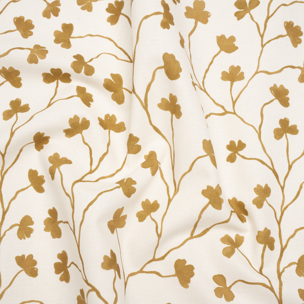 Brushed Cotton and Linen Canvas - Ochre Clover Leaf Vines - British Imported