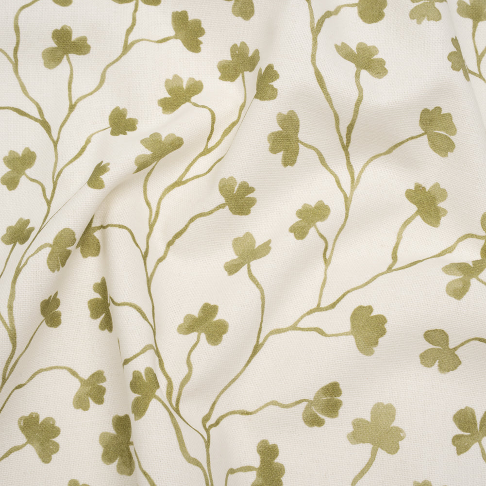 Brushed Cotton and Linen Canvas - Olive Clover Leaf Vines - British Imported