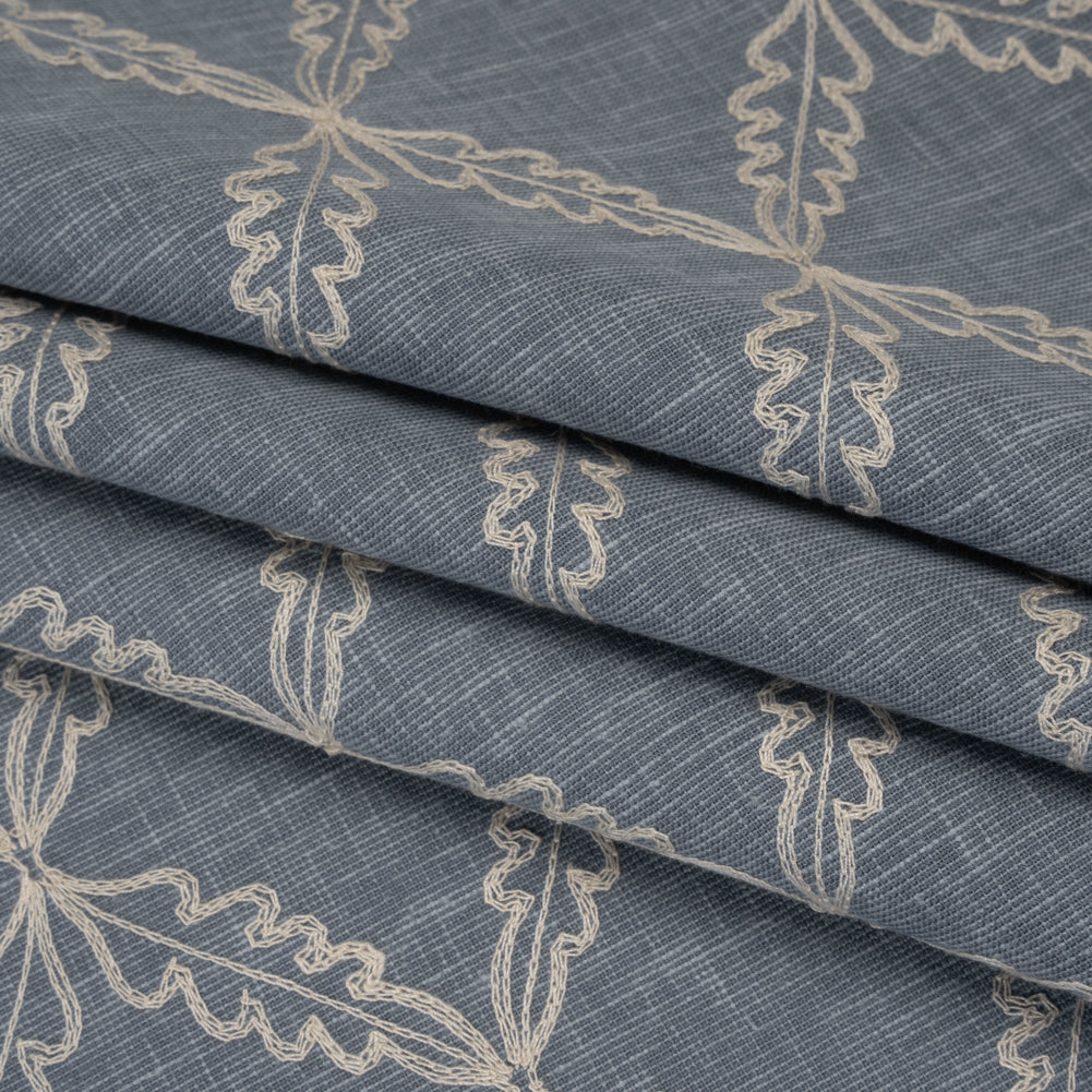 Embroidered Polyester and Cotton Woven - Denim Leaf Diamonds - British Imported