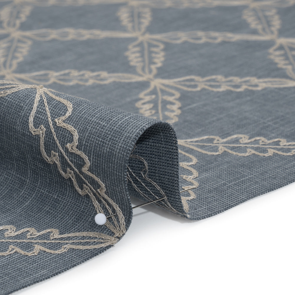 Embroidered Polyester and Cotton Woven - Denim Leaf Diamonds - British Imported