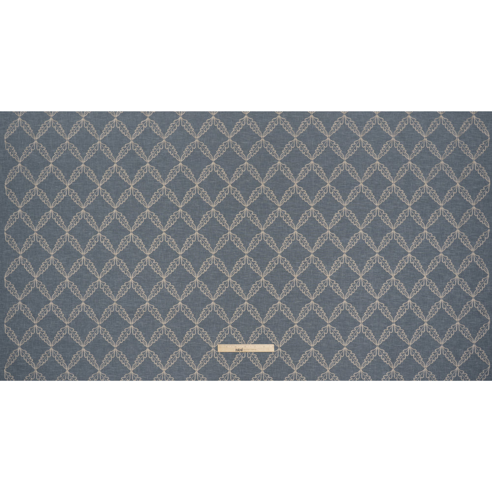 Embroidered Polyester and Cotton Woven - Denim Leaf Diamonds - British Imported