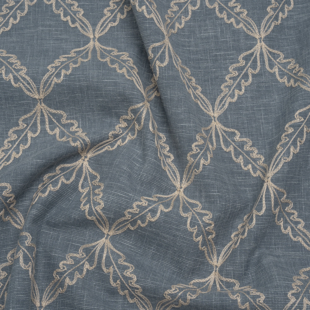 Embroidered Polyester and Cotton Woven - Denim Leaf Diamonds - British Imported