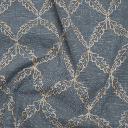 Embroidered Polyester and Cotton Woven - Denim Leaf Diamonds - British Imported