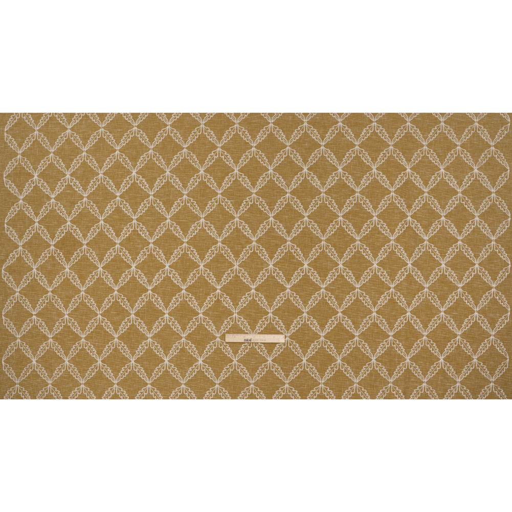Embroidered Polyester and Cotton Woven - Ochre Leaf Diamonds - British Imported