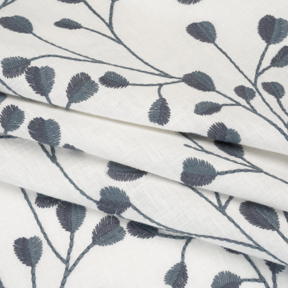 Embroidered Polyester and Cotton Woven - Denim Budding Plants - British Imported