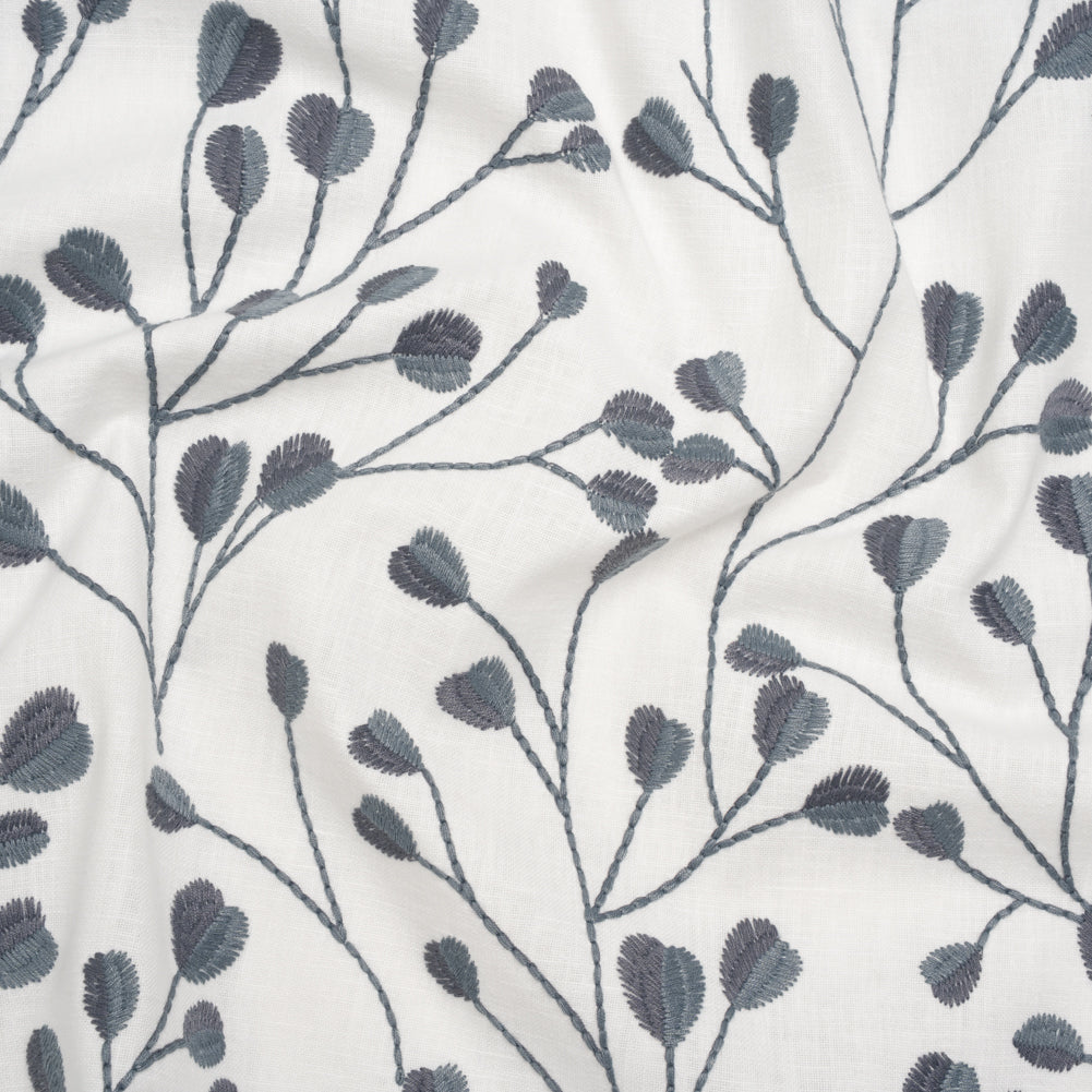 Embroidered Polyester and Cotton Woven - Denim Budding Plants - British Imported