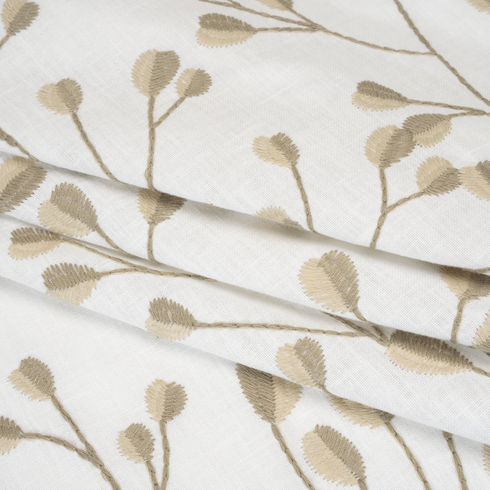 Embroidered Polyester and Cotton Woven - Linen Budding Plants - British Imported