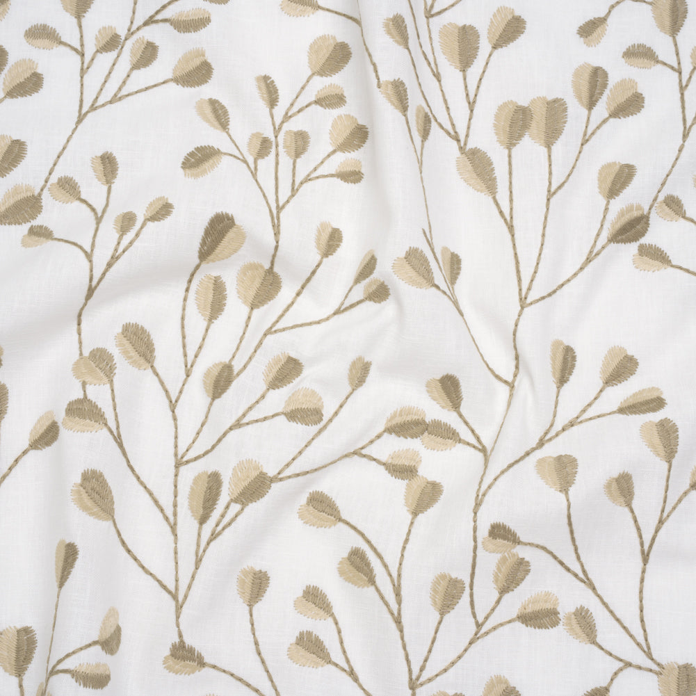 Embroidered Polyester and Cotton Woven - Linen Budding Plants - British Imported