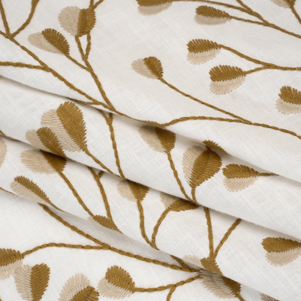 Embroidered Polyester and Cotton Woven - Ochre Budding Plants - British Imported