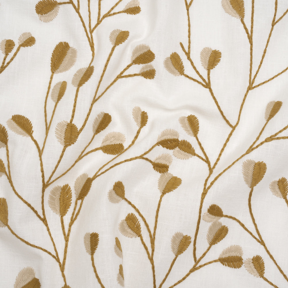Embroidered Polyester and Cotton Woven - Ochre Budding Plants - British Imported