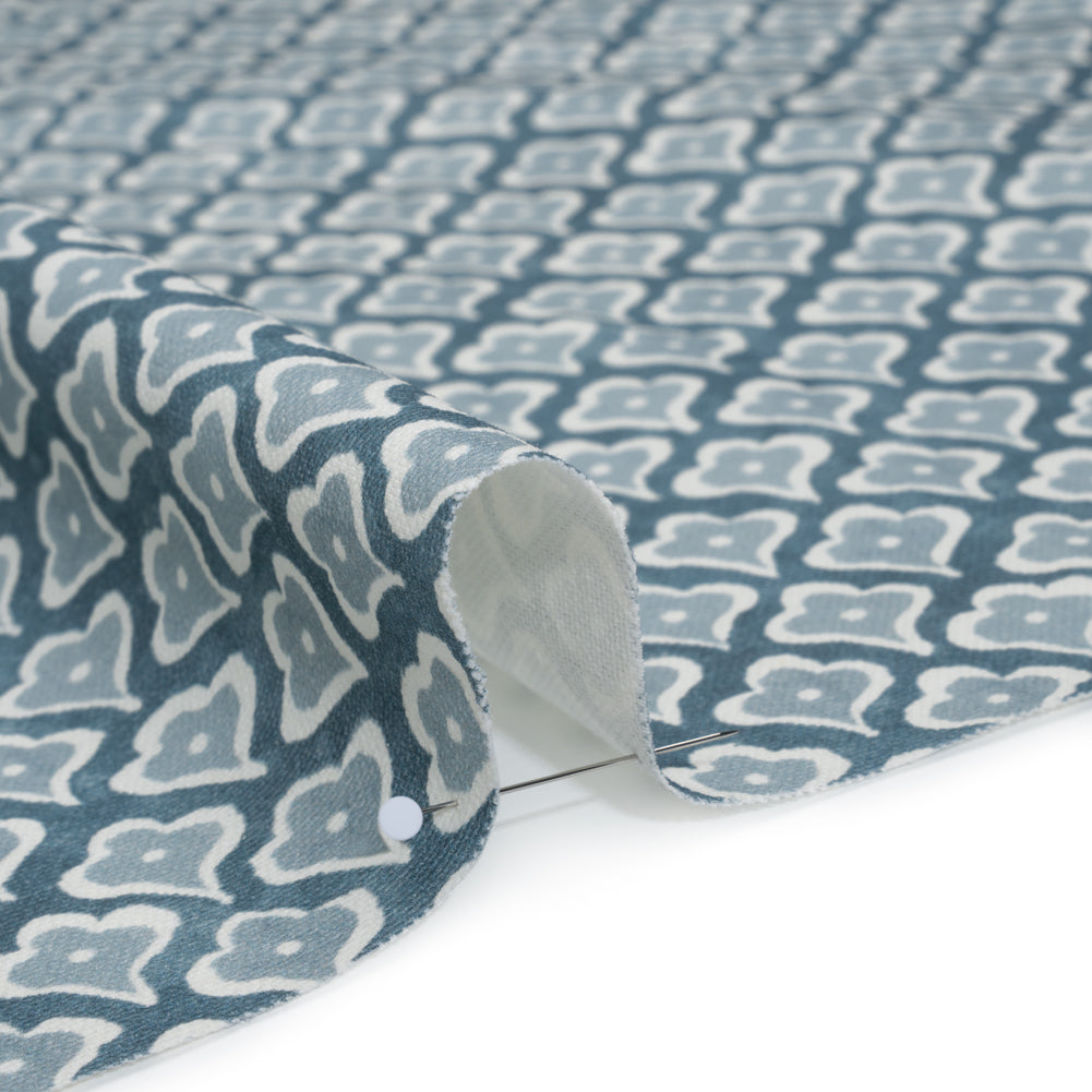 Brushed Cotton and Linen Canvas Print - Denim Flower Petal Ogees - British Imported
