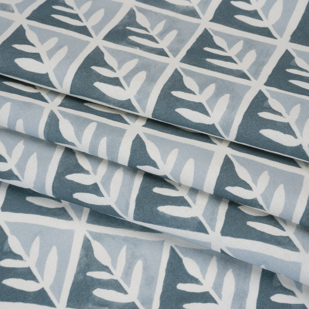 Brushed Cotton and Linen Canvas Print - Denim Leaves in Diamonds - British Imported