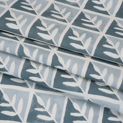 Brushed Cotton and Linen Canvas Print - Denim Leaves in Diamonds - British Imported