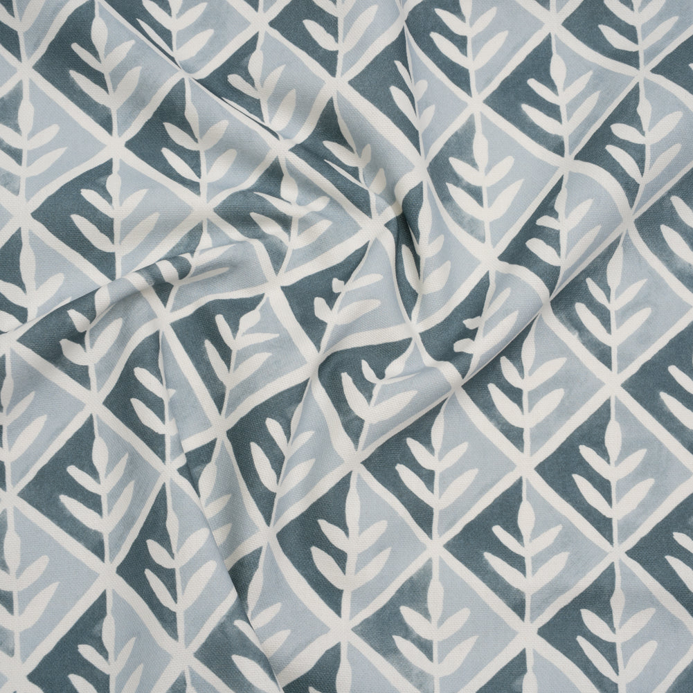Brushed Cotton and Linen Canvas Print - Denim Leaves in Diamonds - British Imported