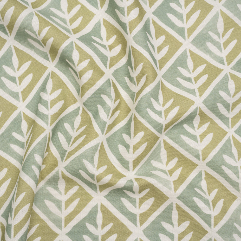 Brushed Cotton and Linen Canvas Print - Pistachio Leaves in Diamonds - British Imported