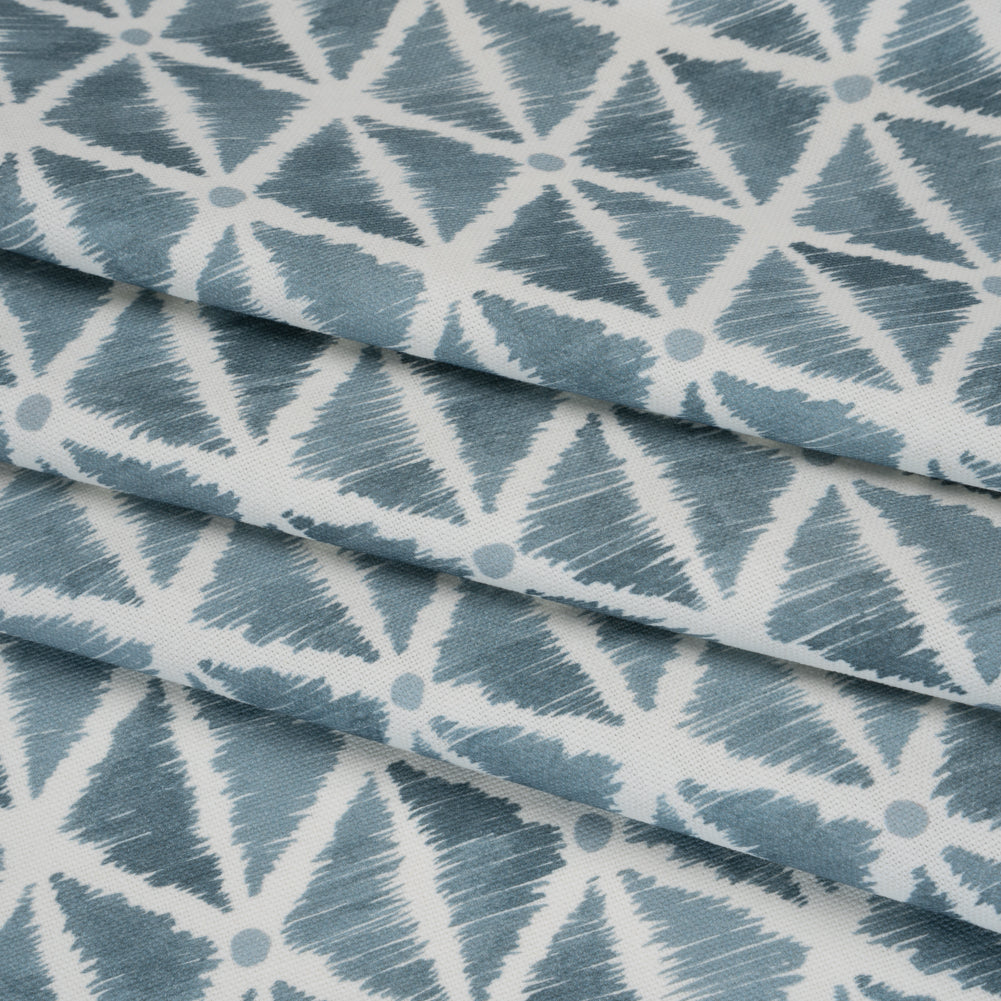 Brushed Cotton and Linen Canvas Print - Denim Sketched Lattice with Dots - British Imported