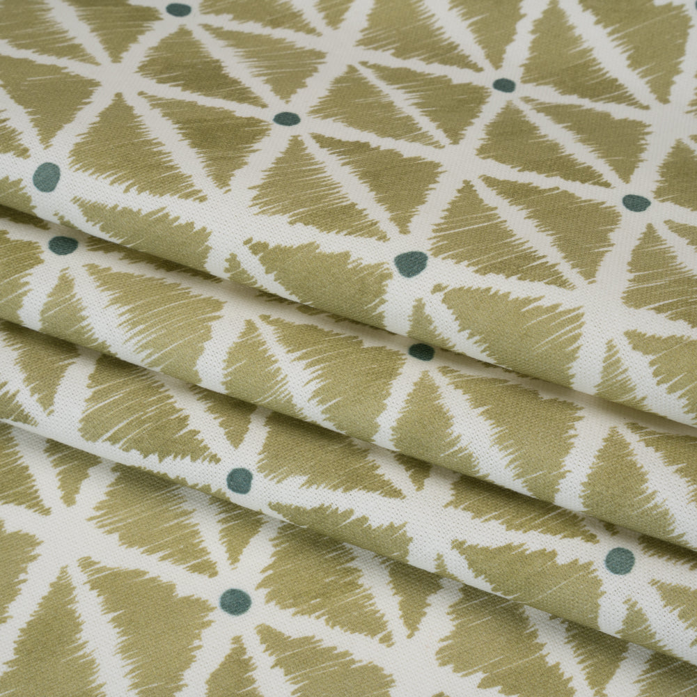 Brushed Cotton and Linen Canvas Print - Pistachio Sketched Lattice with Dots - British Imported