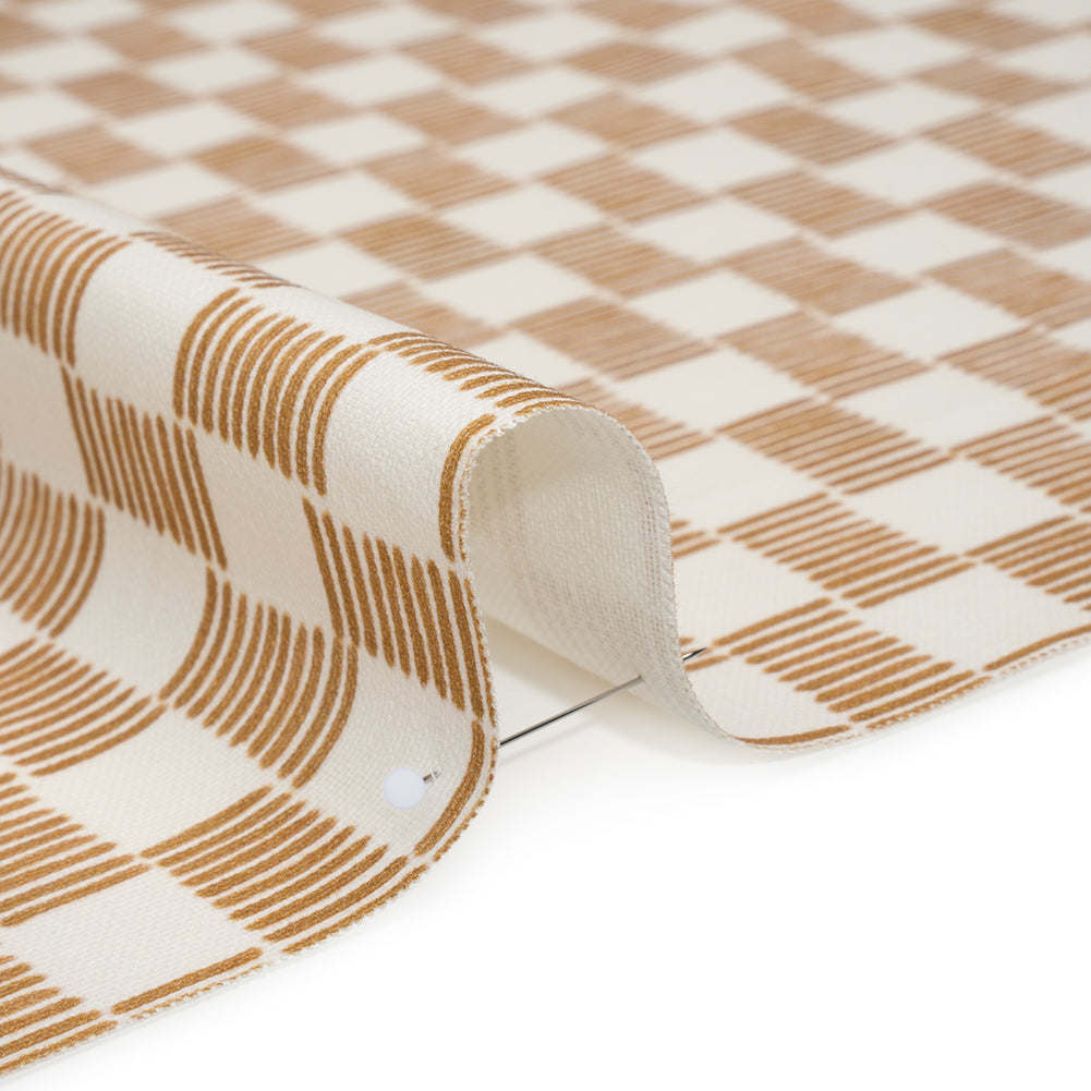 Brushed Cotton and Linen Canvas Print - Gold Painterly Striped Check - British Imported