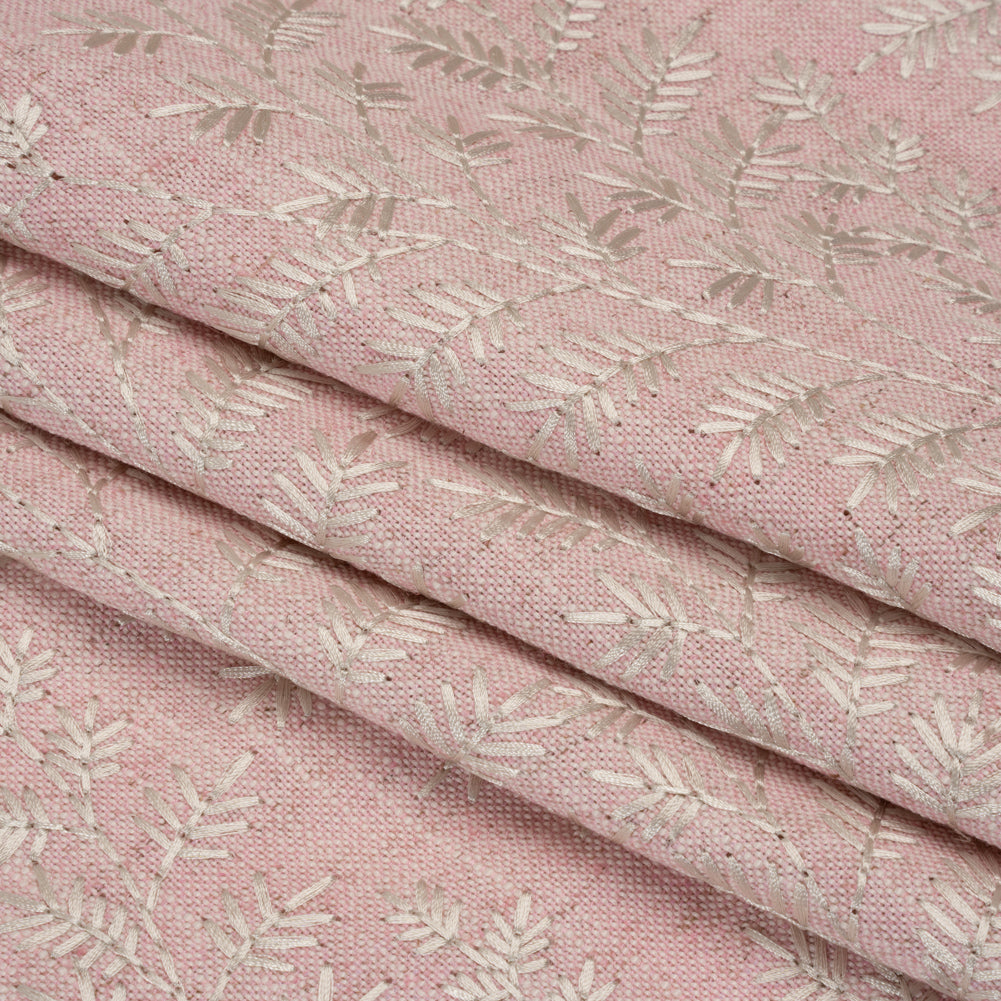 Embroidered Linen Blend Woven - Blush Leafy Plants - Attica Collection