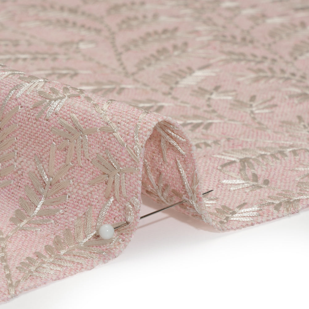 Embroidered Linen Blend Woven - Blush Leafy Plants - Attica Collection