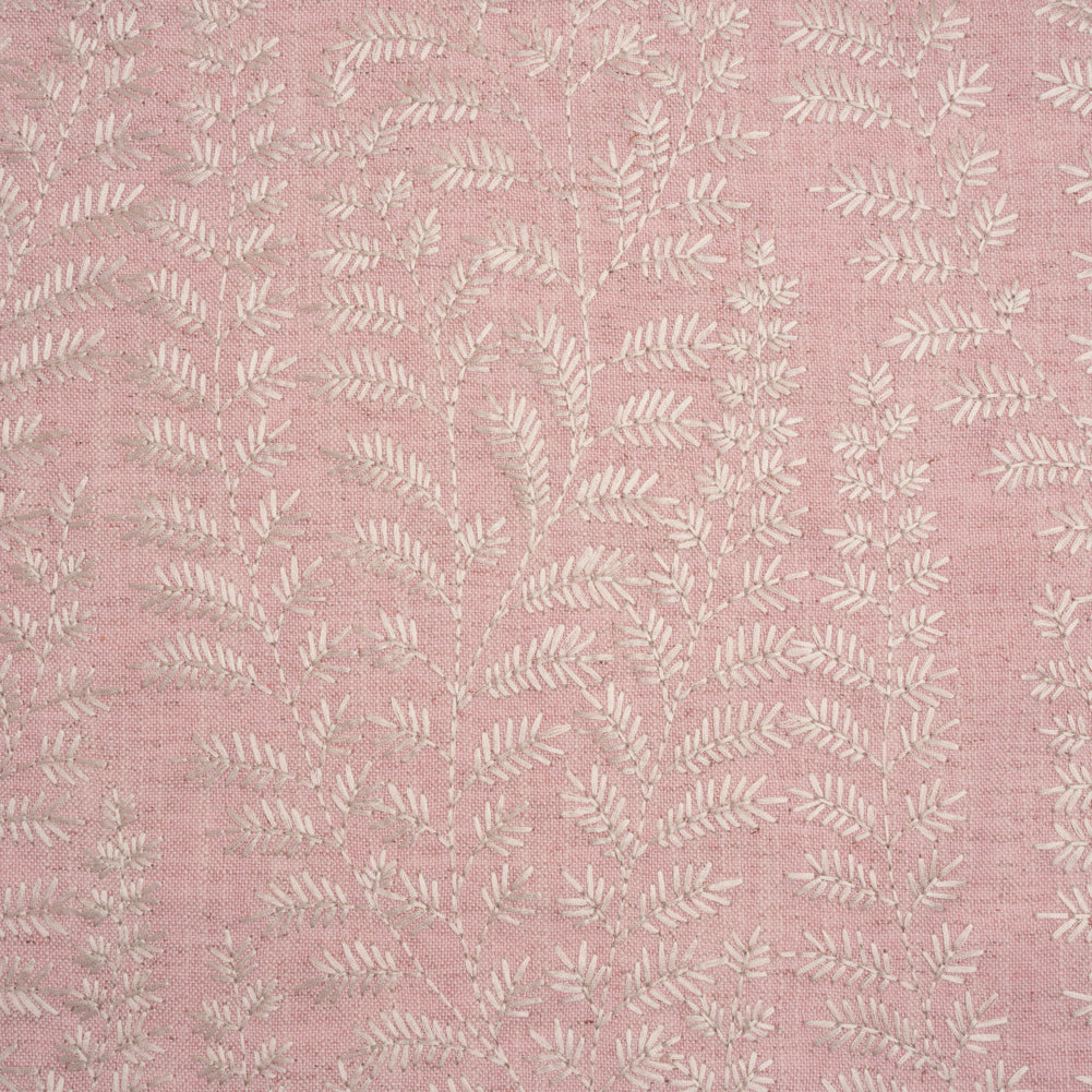 Embroidered Linen Blend Woven - Blush Leafy Plants - Attica Collection