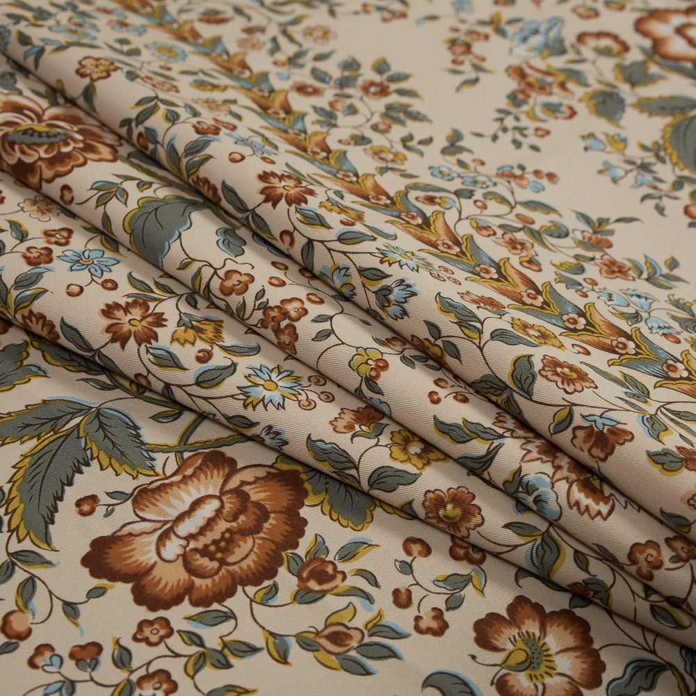 Italian Warm Beige and Blue Floral Cotton Twill