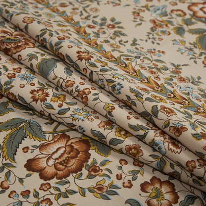Italian Warm Beige and Blue Floral Cotton Twill